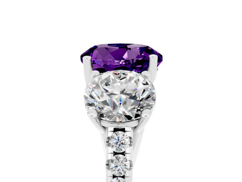 White gold Three-Stone Round Cut Amethyst Ring with Pavé Band and Prong Setting_17
