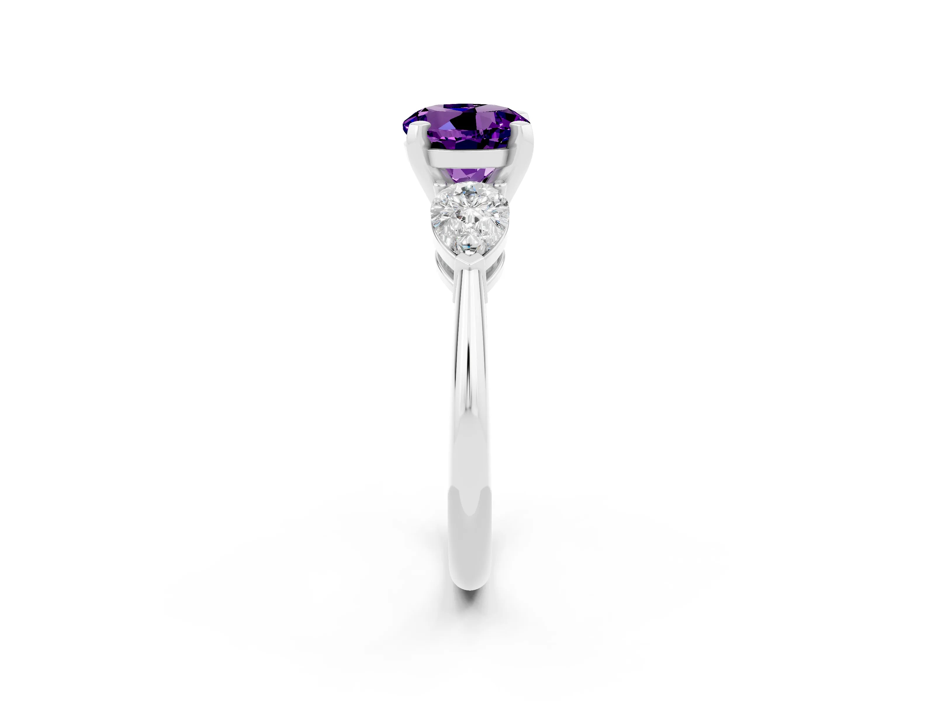 White gold Three-Stone Round Cut Amethyst Ring with Pear Side Stones and Four-Prong Setting_20