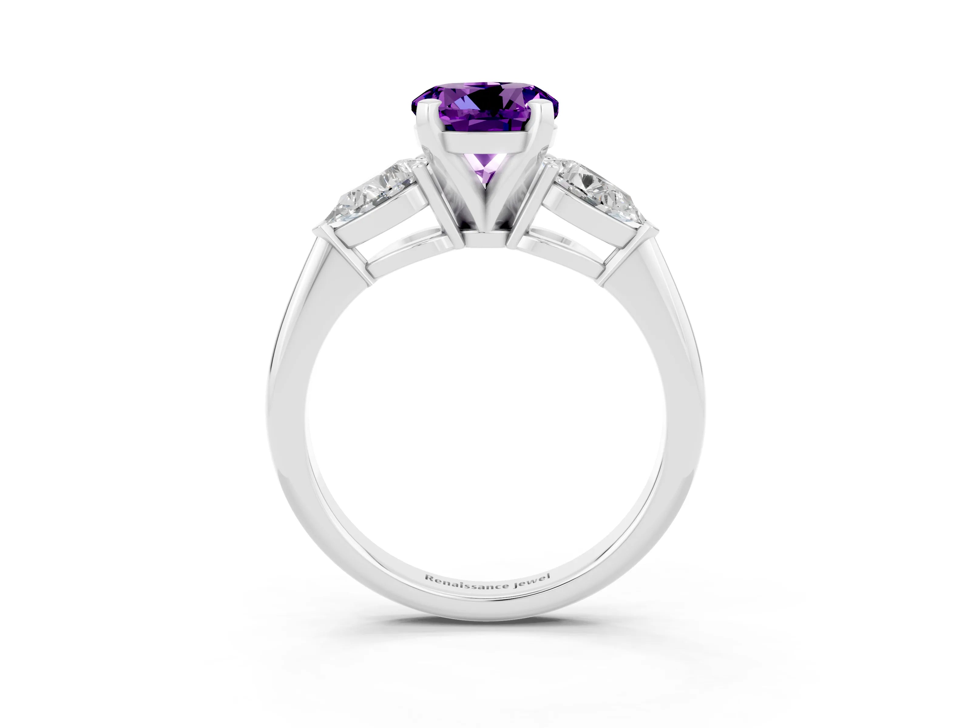 White gold Three-Stone Round Cut Amethyst Ring with Pear Side Stones and Four-Prong Setting_21