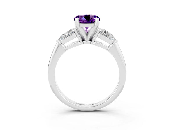 White gold Three-Stone Round Cut Amethyst Ring with Pear Side Stones and Four-Prong Setting