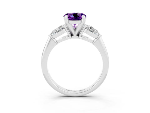 White gold Three-Stone Round Cut Amethyst Ring with Pear Side Stones and Four-Prong Setting_21