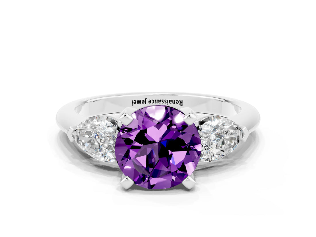 White gold Three-Stone Round Cut Amethyst Ring with Pear Side Stones and Four-Prong Setting_24