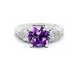 White gold Three-Stone Round Cut Amethyst Ring with Pear Side Stones and Four-Prong Setting_24