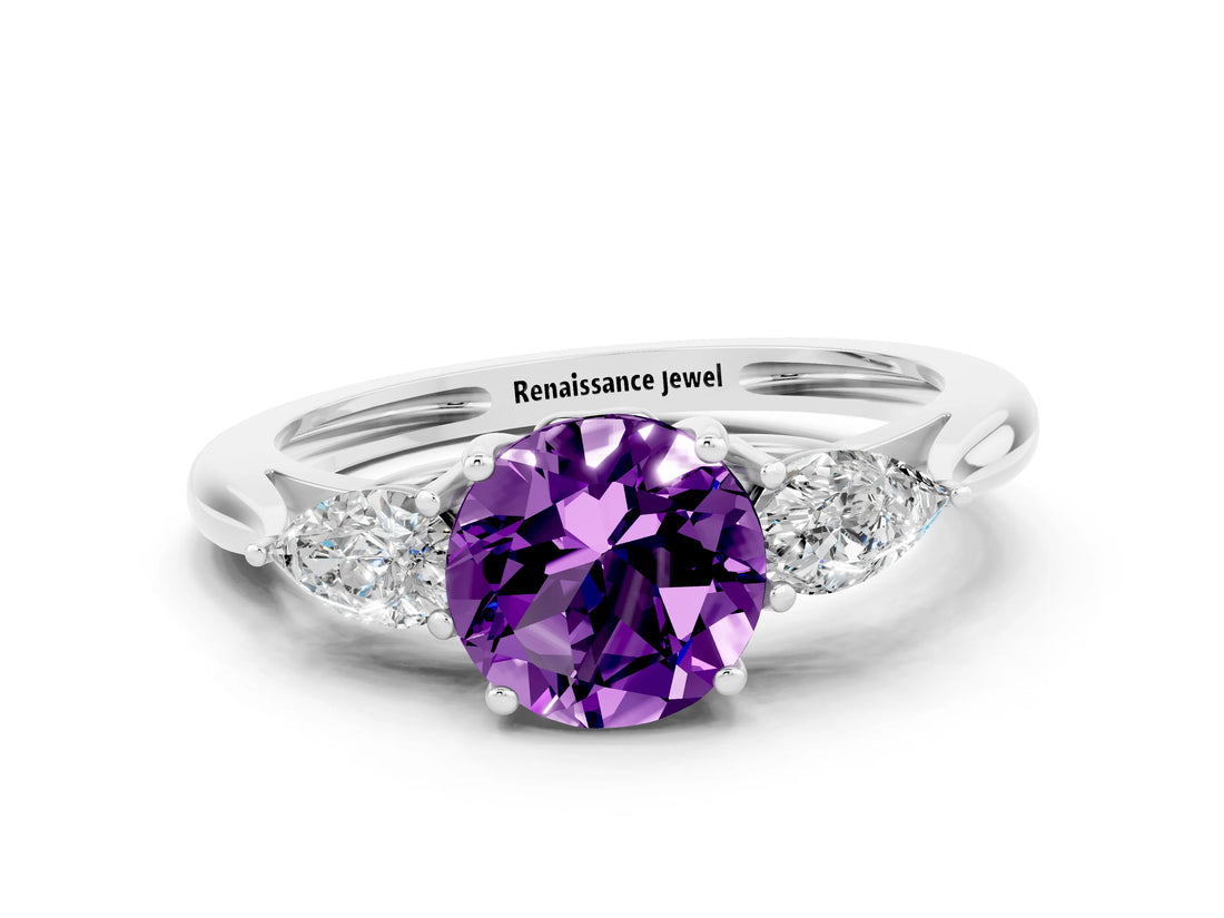 White gold Three-Stone Round Cut Amethyst Ring with Pear  Side Stones in Four-Prong Setting_12
