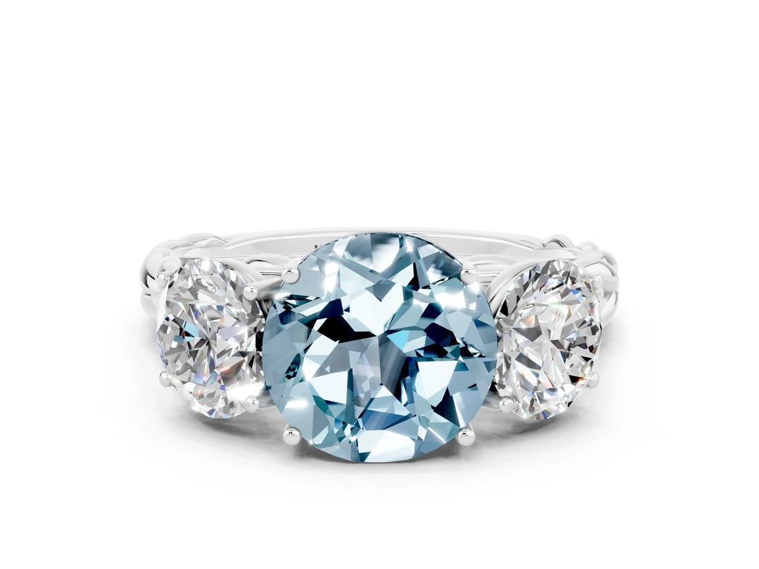 White gold Three-Stone Round Cut Aquamarine Braided Band Ring with Four-Prong Setting_12