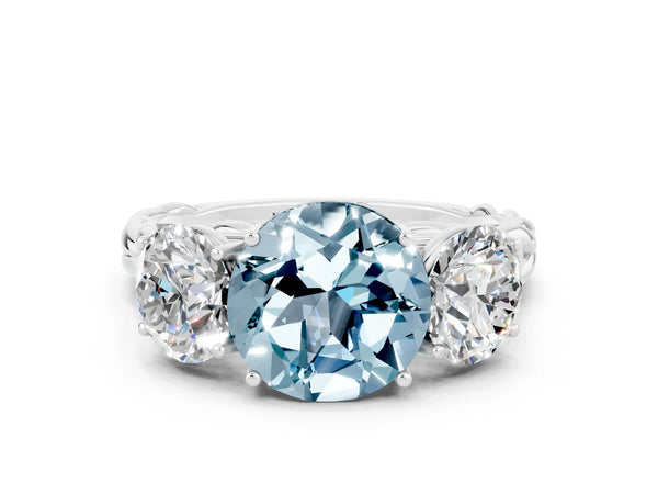 Platinum Three-Stone Round Cut Aquamarine Braided Band Ring with Four-Prong Setting