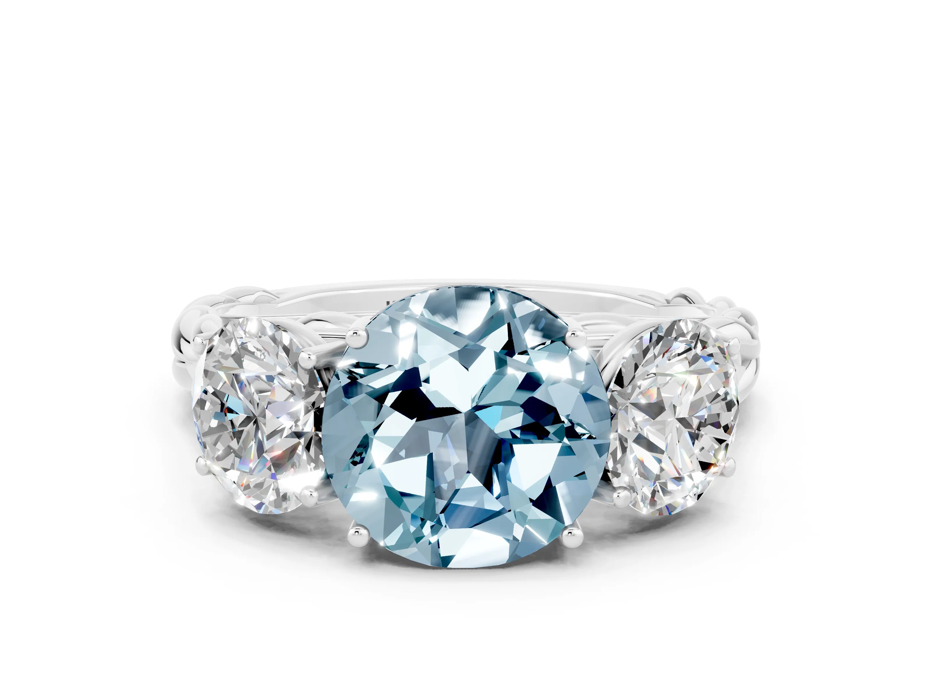 White gold Three-Stone Round Cut Aquamarine Braided Band Ring with Four-Prong Setting_12