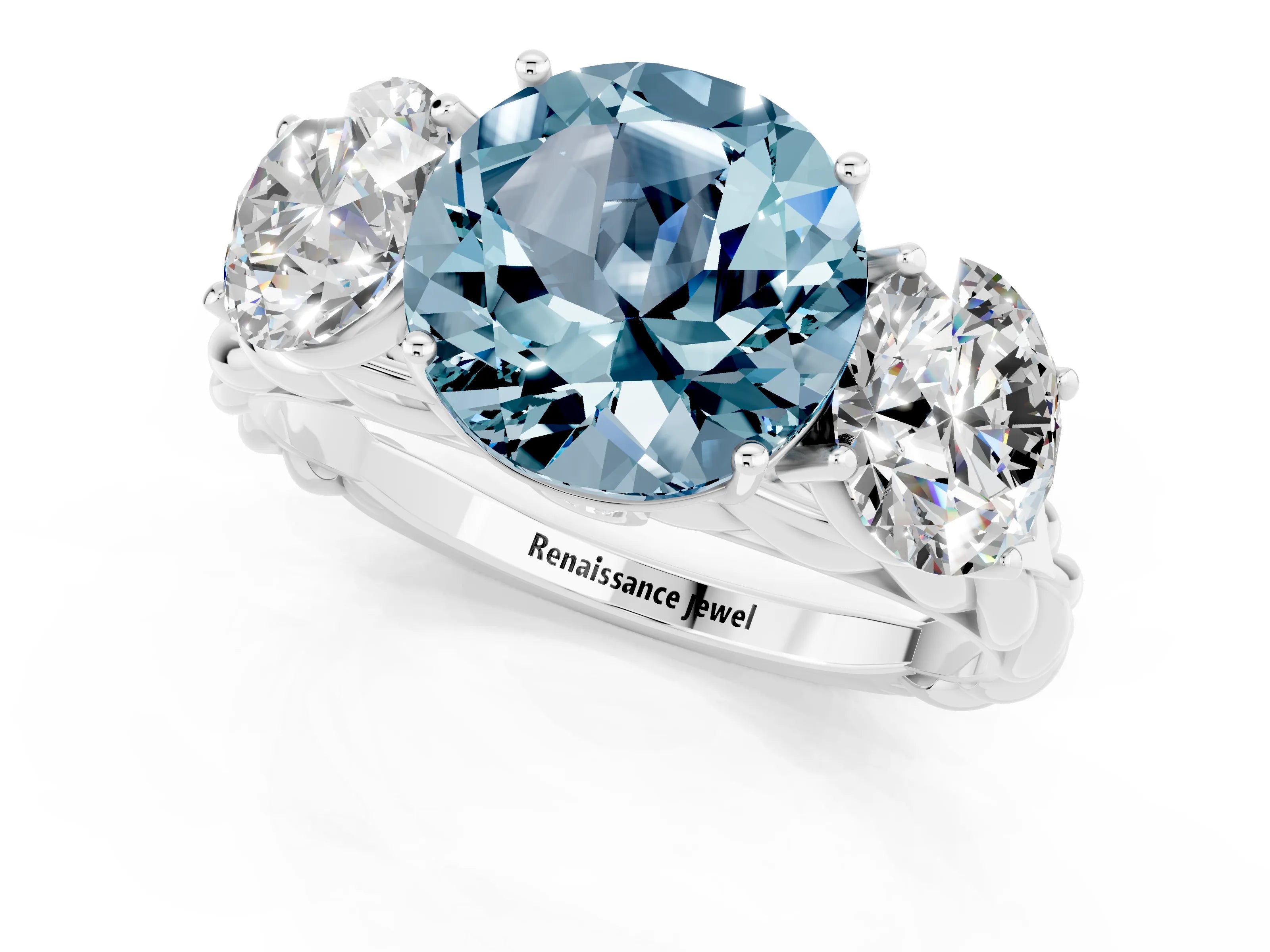 White gold Three-Stone Round Cut Aquamarine Braided Band Ring with Four-Prong Setting_13
