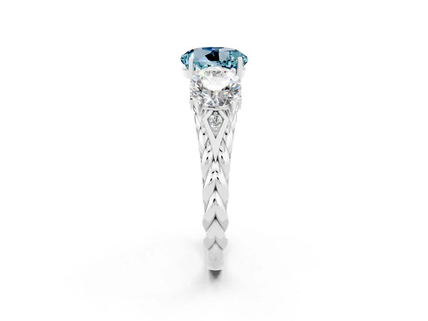 Silver Three-Stone Round Cut Aquamarine Braided Band Ring with Four-Prong Setting