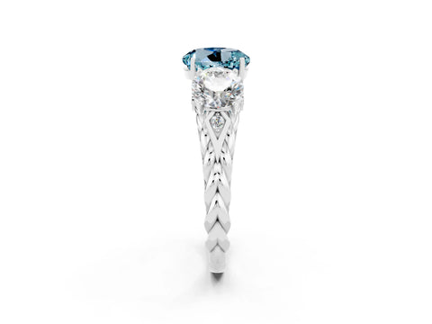 White gold Three-Stone Round Cut Aquamarine Braided Band Ring with Four-Prong Setting_14