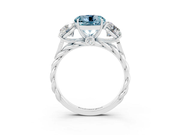 Platinum Three-Stone Round Cut Aquamarine Braided Band Ring with Four-Prong Setting