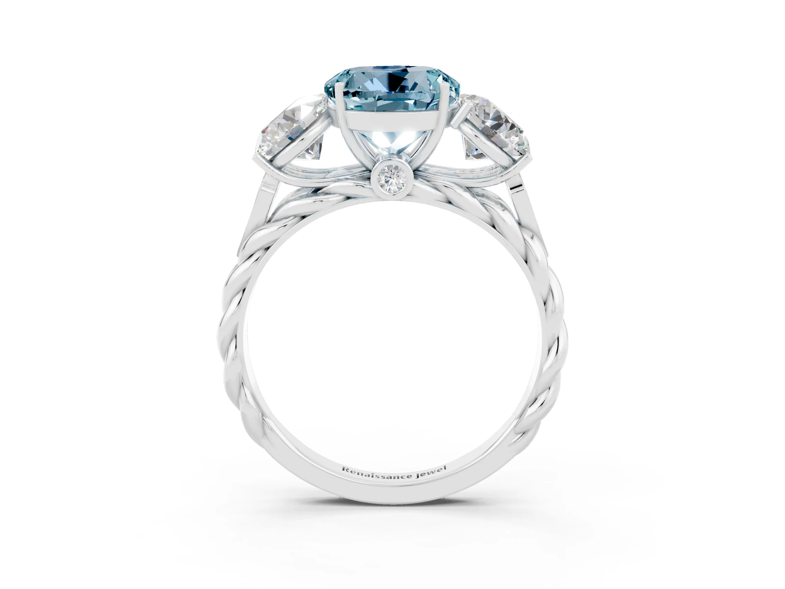 White gold Three-Stone Round Cut Aquamarine Braided Band Ring with Four-Prong Setting_15