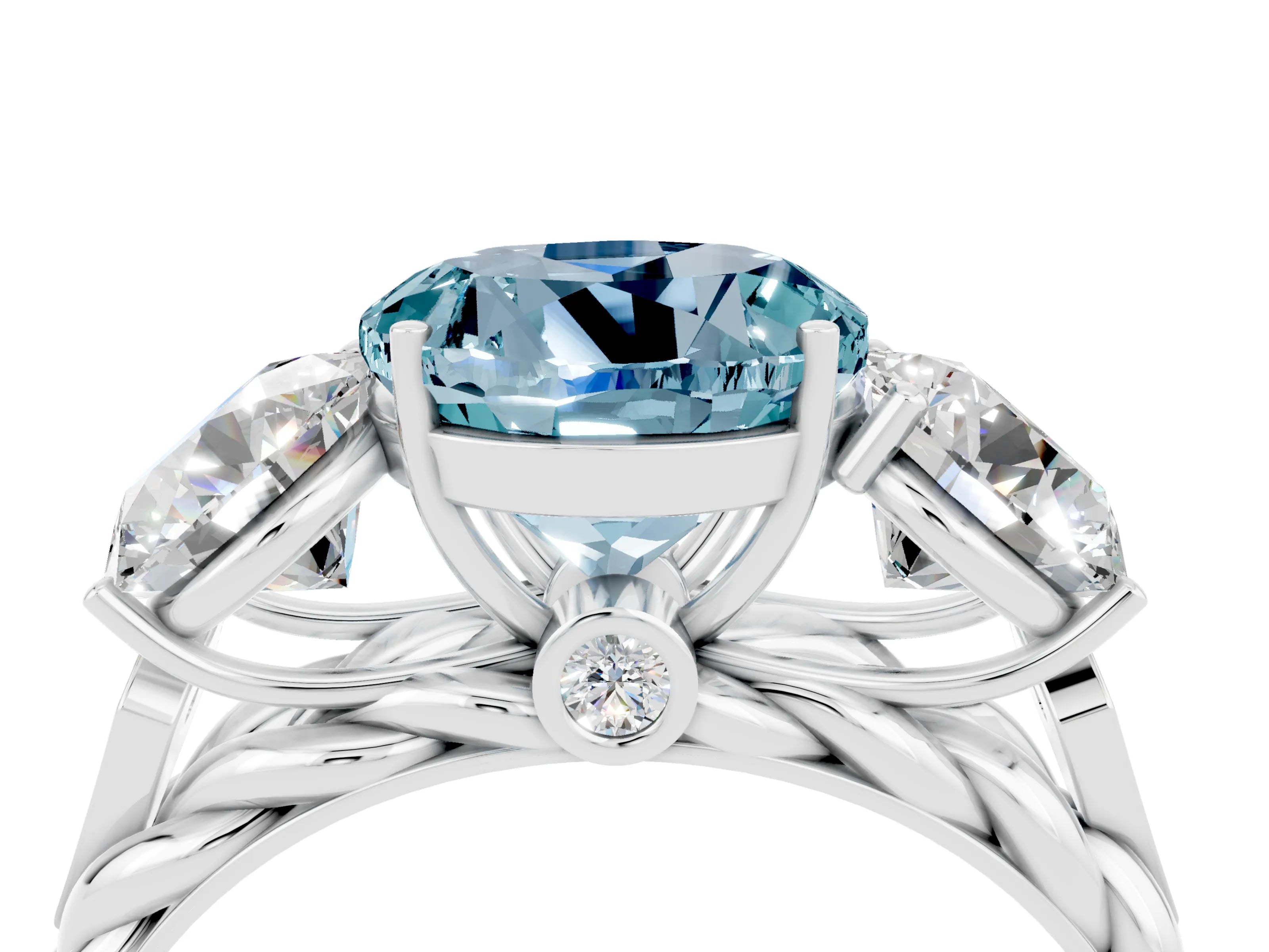 White gold Three-Stone Round Cut Aquamarine Braided Band Ring with Four-Prong Setting_16