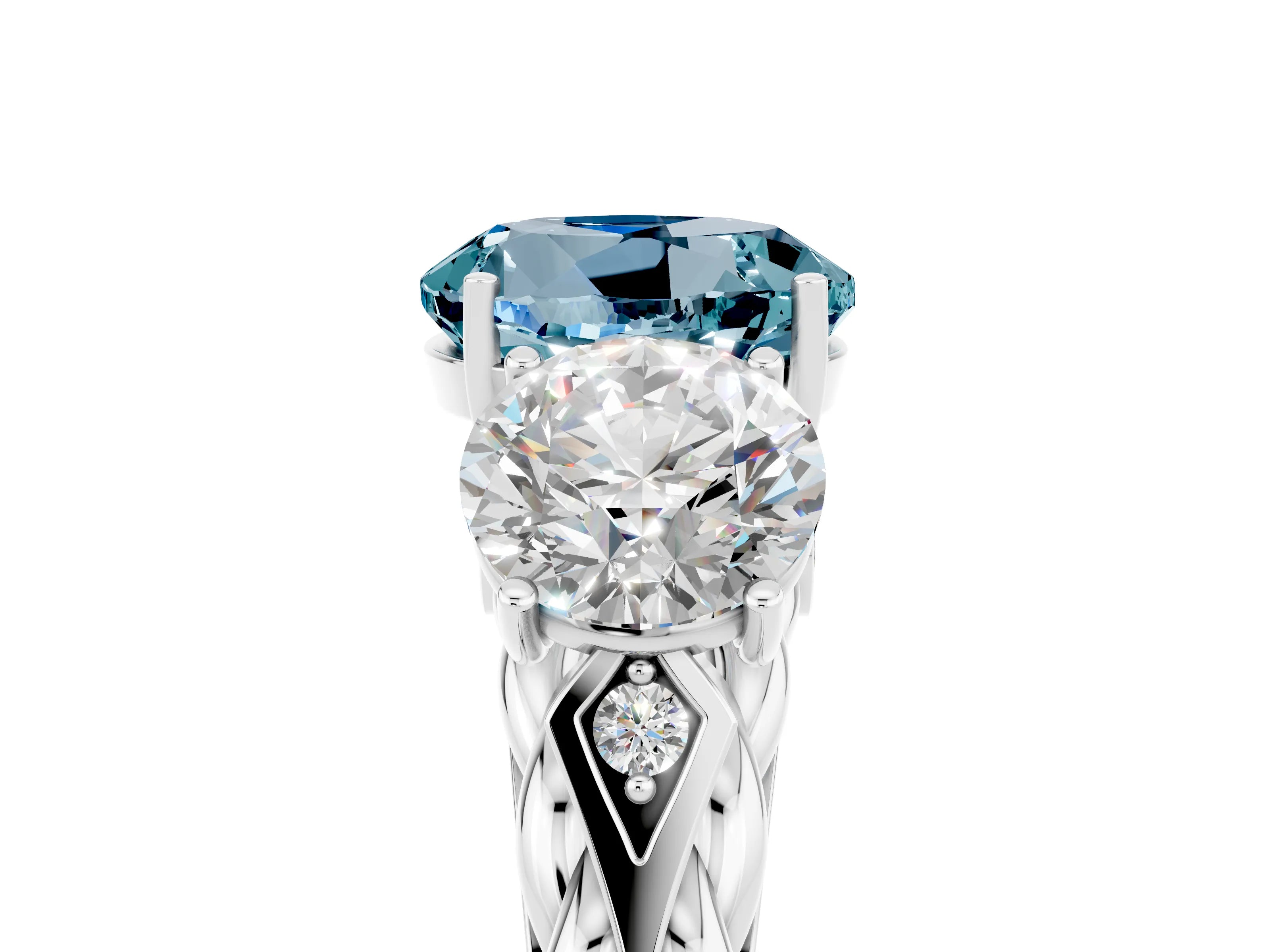 White gold Three-Stone Round Cut Aquamarine Braided Band Ring with Four-Prong Setting_17