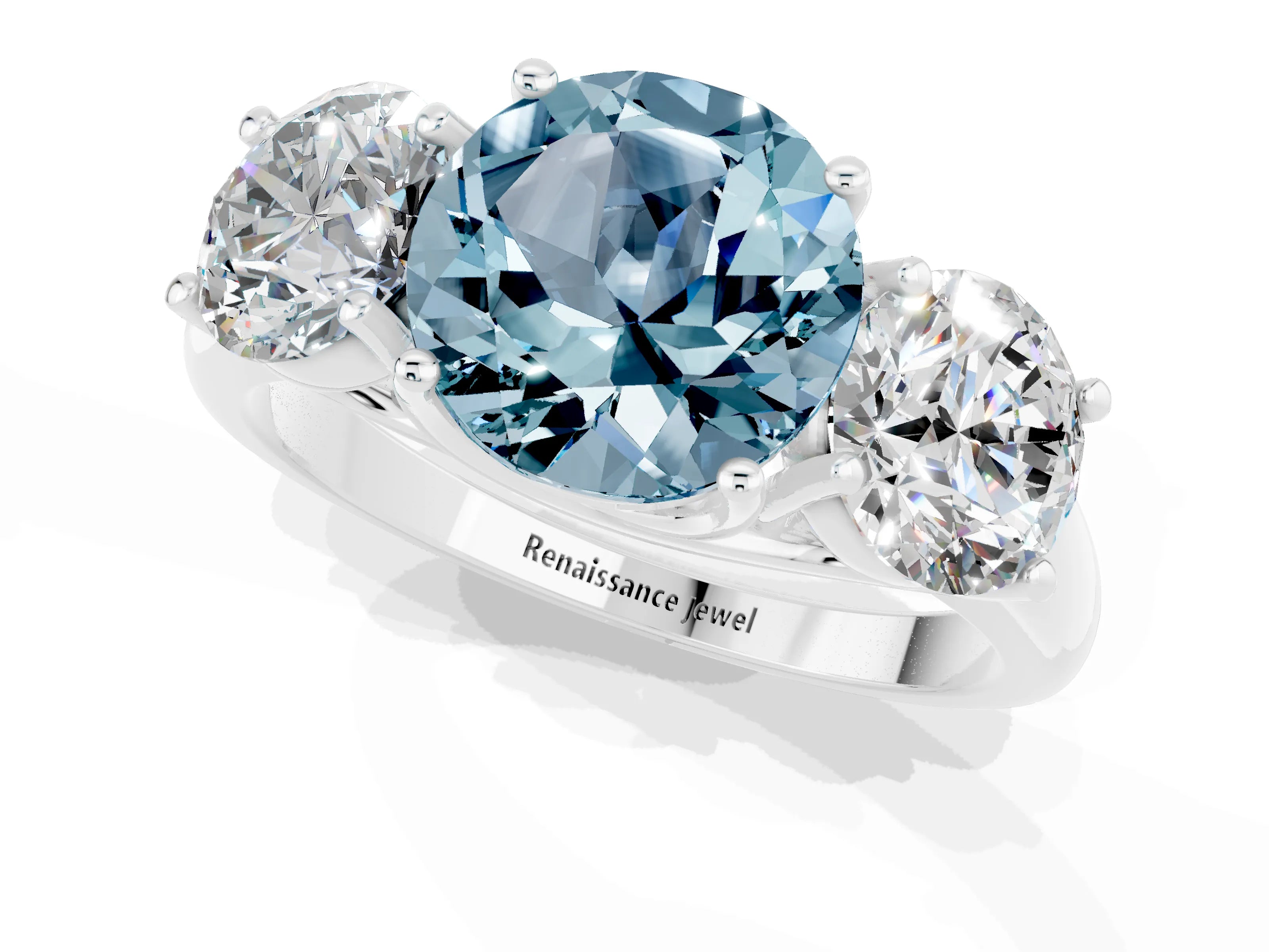 White gold Three-Stone Round Cut Aquamarine Engagement Ring with Prong Setting_1