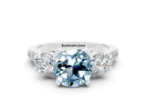White gold Three-Stone Round Cut Aquamarine Pavé Band with Four-Prong Setting