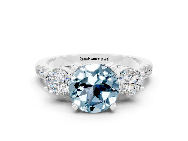 Platinum Three-Stone Round Cut Aquamarine Pavé Band with Four-Prong Setting