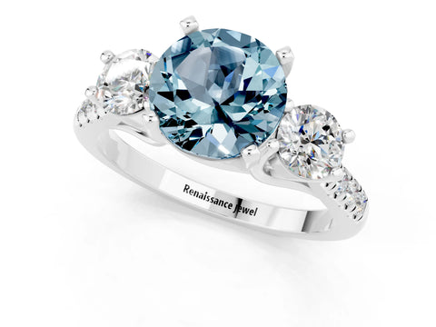 White gold Three-Stone Round Cut Aquamarine Pavé Band with Four-Prong Setting_1