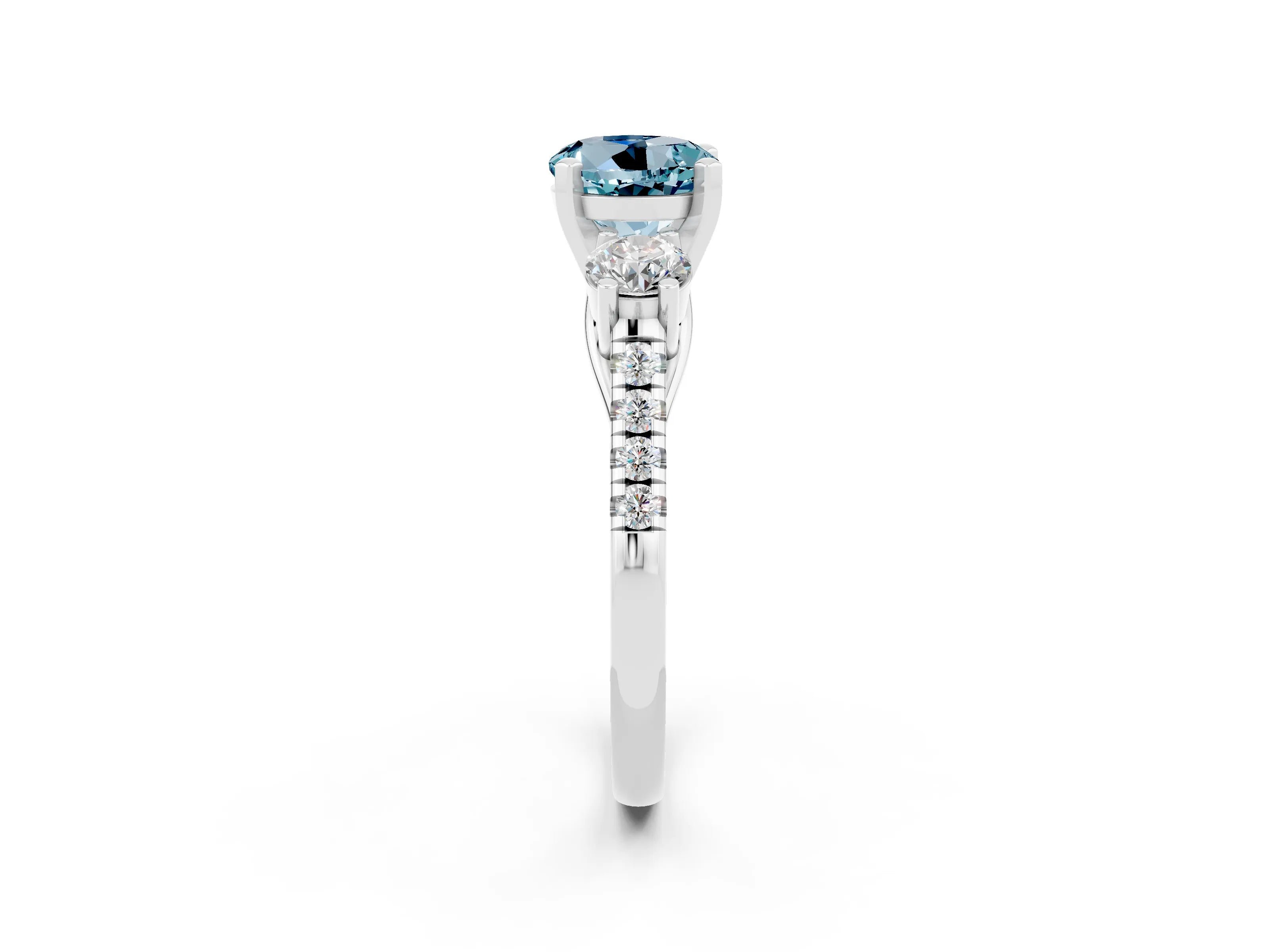 White gold Three-Stone Round Cut Aquamarine Pavé Band with Four-Prong Setting_2