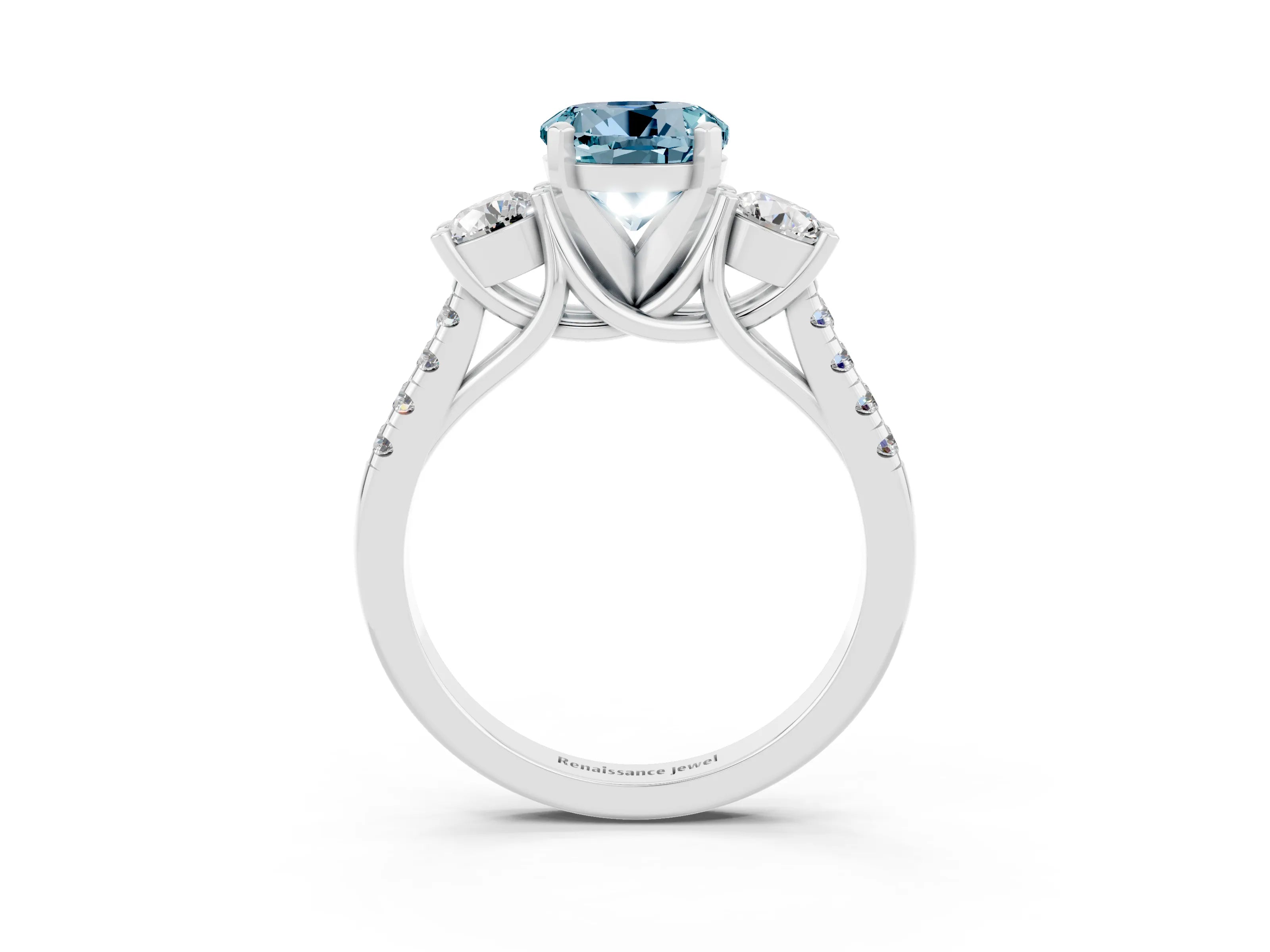 White gold Three-Stone Round Cut Aquamarine Pavé Band with Four-Prong Setting_3