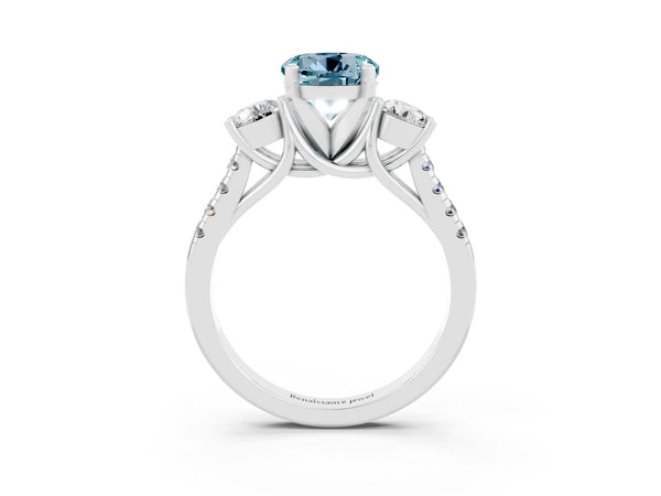 Silver Three-Stone Round Cut Aquamarine Pavé Band with Four-Prong Setting