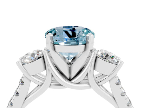 White gold Three-Stone Round Cut Aquamarine Pavé Band with Four-Prong Setting_4