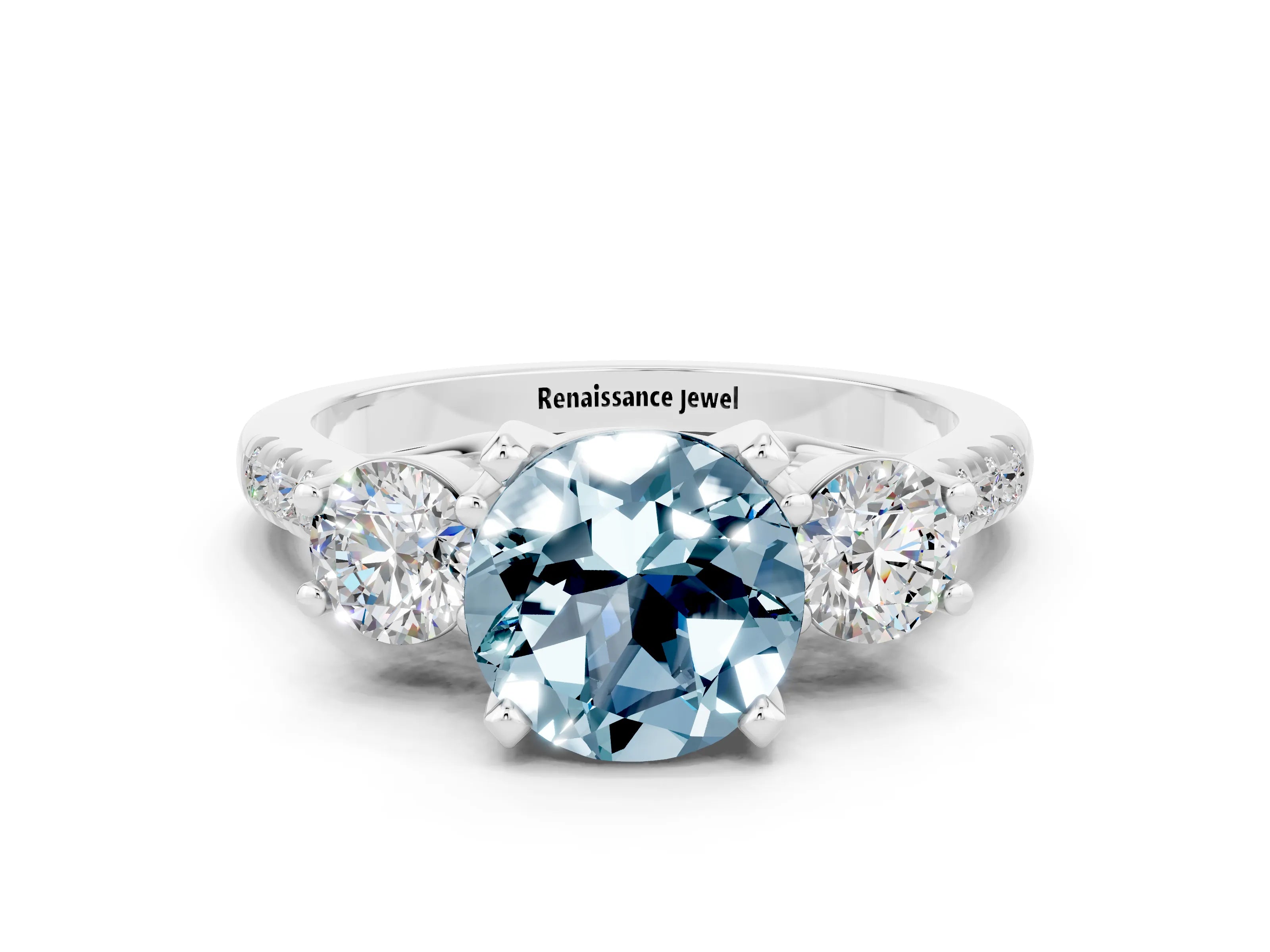 White gold Three-Stone Round Cut Aquamarine Pavé Band with Four-Prong Setting