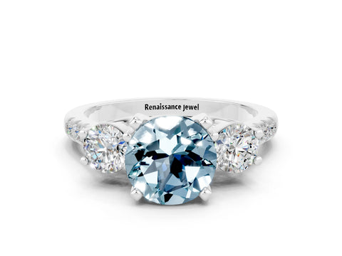 White gold Three-Stone Round Cut Aquamarine Pavé Band with Four-Prong Setting
