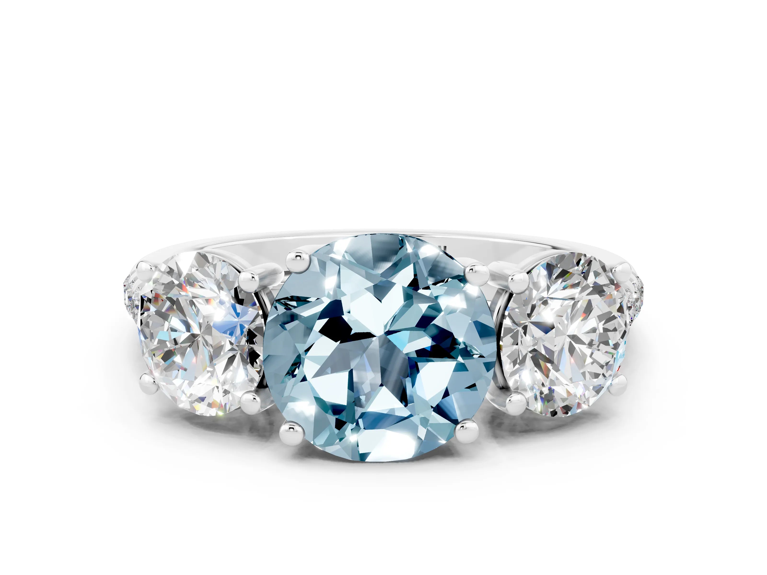 White gold Three-Stone Round Cut Aquamarine Ring with Pavé Band and Prong Setting_12