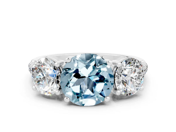 White gold Three-Stone Round Cut Aquamarine Ring with Round  Pavé Band and Prong Setting