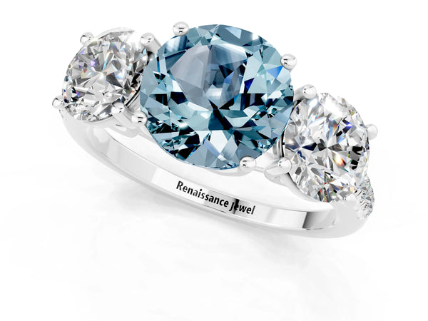 White gold Three-Stone Round Cut Aquamarine Ring with Round  Pavé Band and Prong Setting