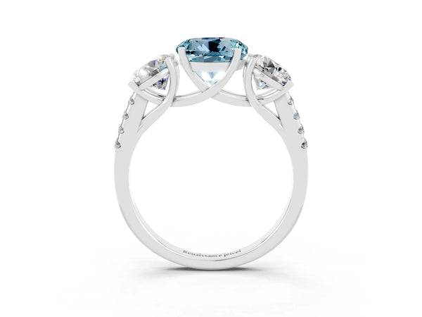 Platinum Three-Stone Round Cut Aquamarine Ring with Round  Pavé Band and Prong Setting