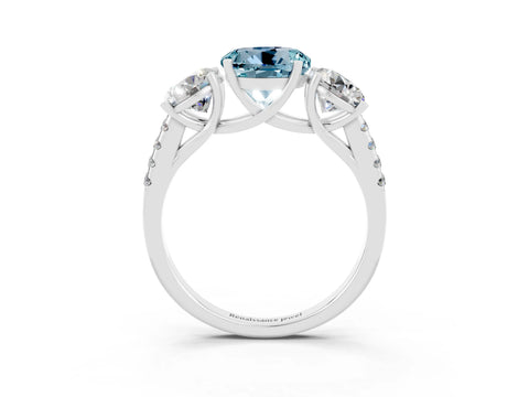 White gold Three-Stone Round Cut Aquamarine Ring with Pavé Band and Prong Setting_15