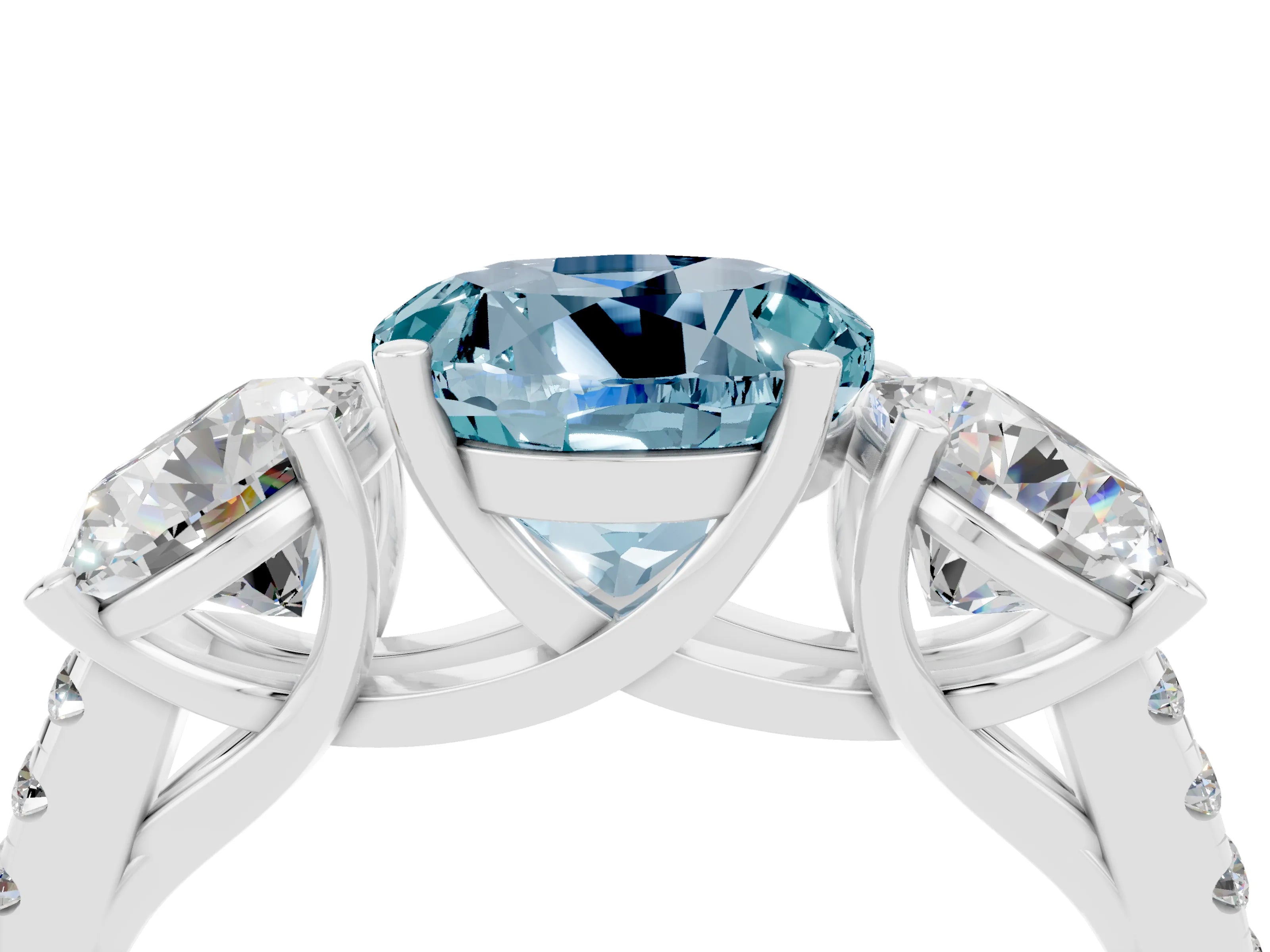 White gold Three-Stone Round Cut Aquamarine Ring with Pavé Band and Prong Setting_16
