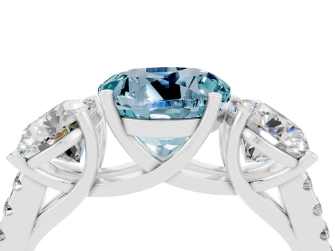 White gold Three-Stone Round Cut Aquamarine Ring with Pavé Band and Prong Setting_16