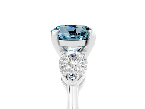 White gold Three-Stone Round Cut Aquamarine Ring with Pear Side Stones and Four-Prong Setting_23