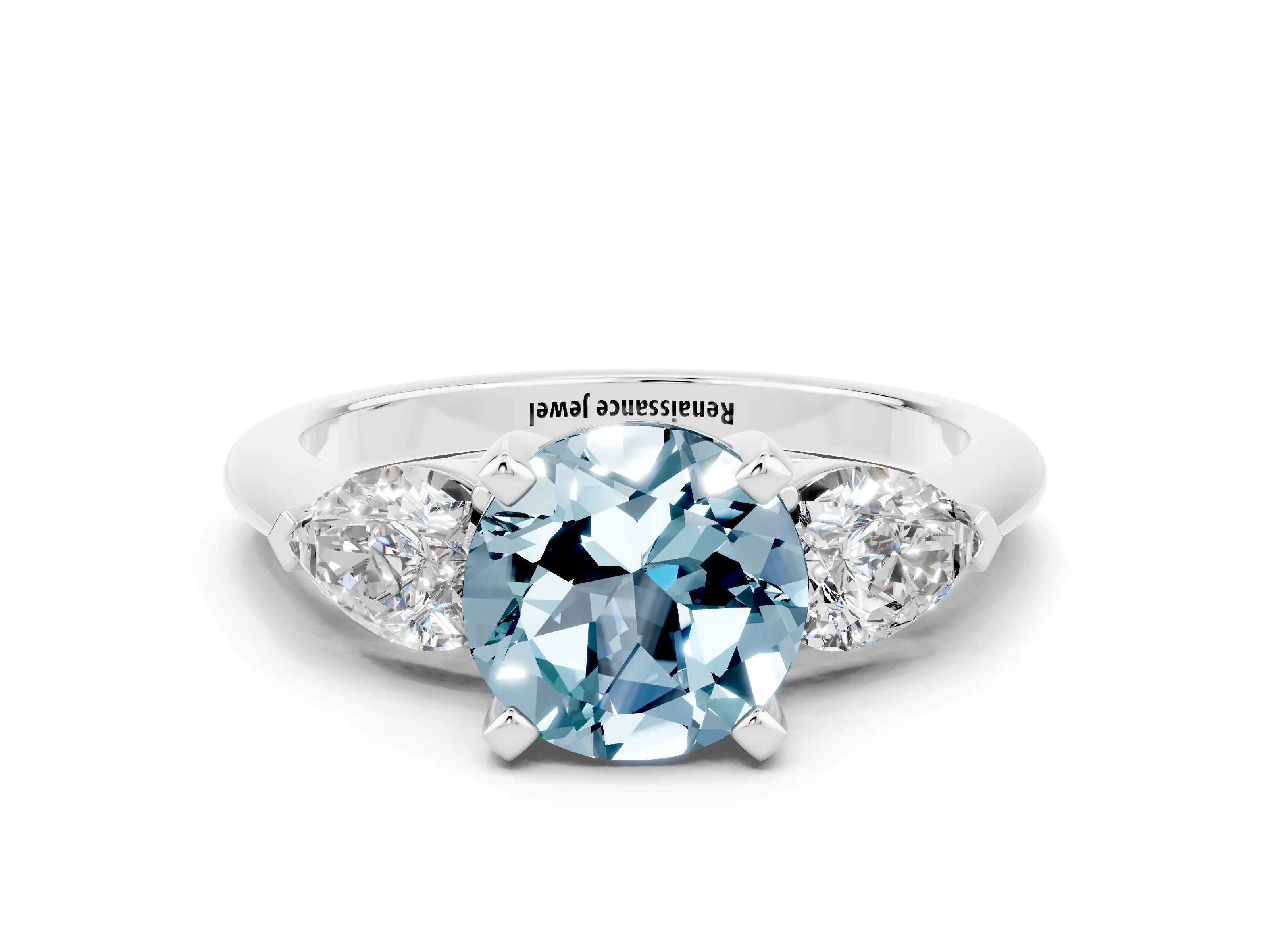 White gold Three-Stone Round Cut Aquamarine Ring with Pear Side Stones and Four-Prong Setting_24