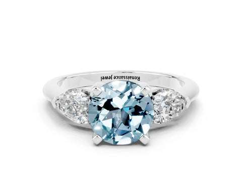 White gold Three-Stone Round Cut Aquamarine Ring with Pear Side Stones and Four-Prong Setting_24