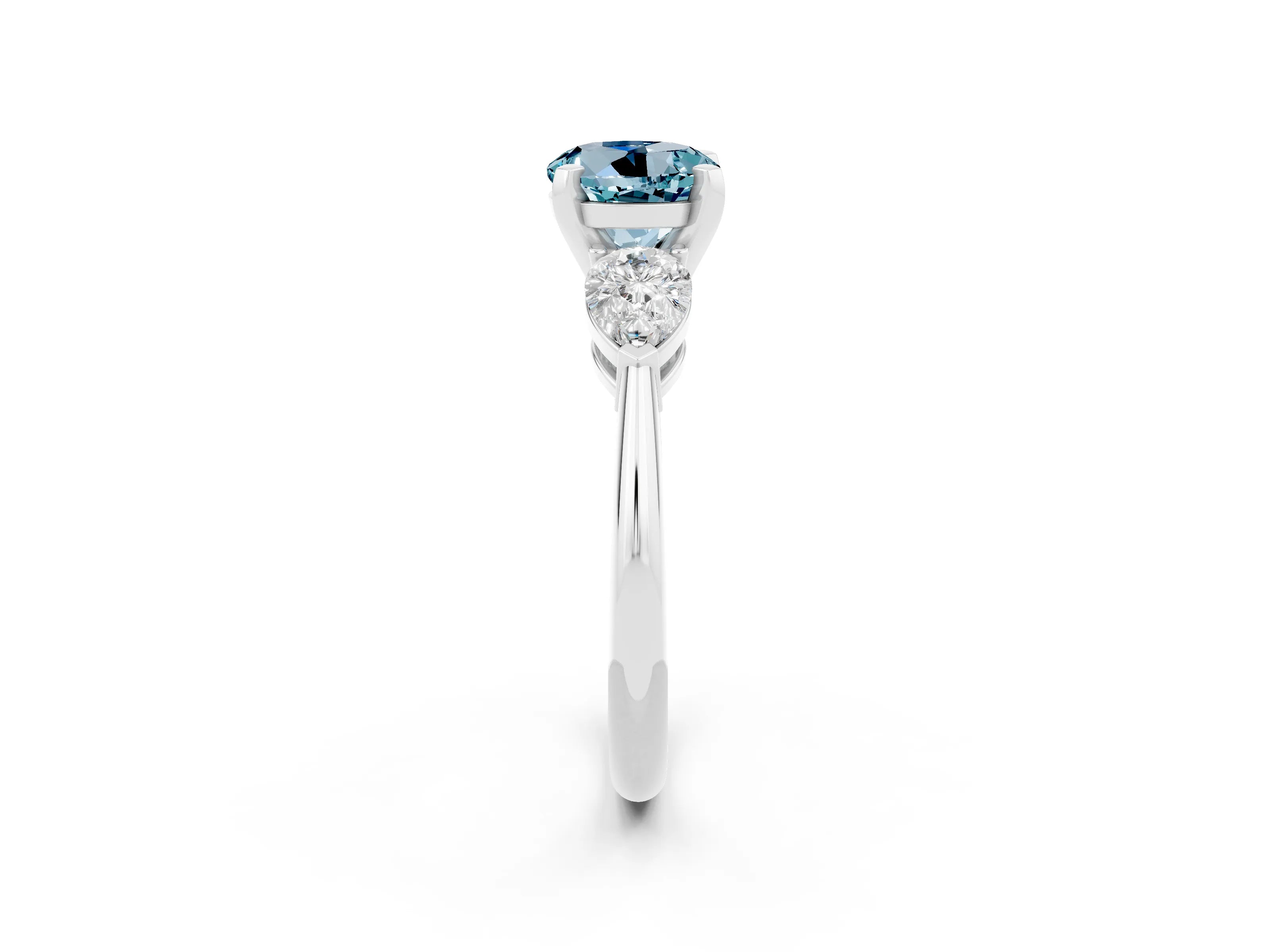 White gold Three-Stone Round Cut Aquamarine Ring with Pear Side Stones and Four-Prong Setting_26