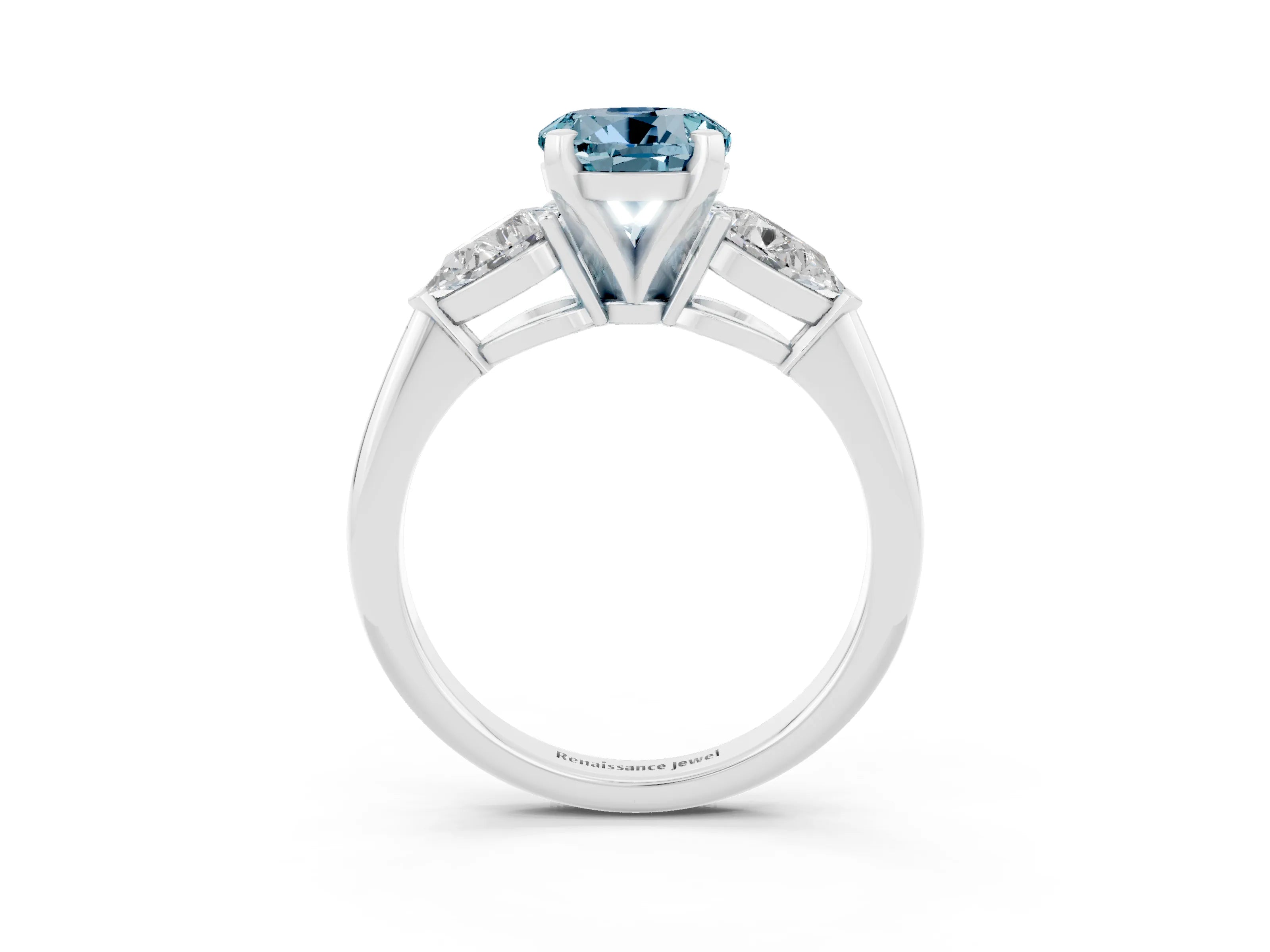 White gold Three-Stone Round Cut Aquamarine Ring with Pear Side Stones and Four-Prong Setting_27