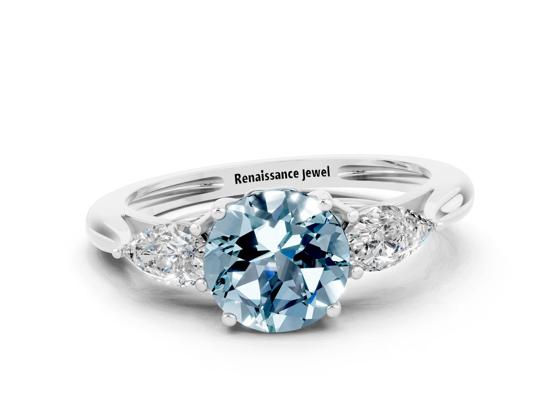 White gold Three-Stone Round Cut Aquamarine Ring with Pear  Side Stones in Four-Prong Setting_12