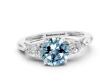 White gold Three-Stone Round Cut Aquamarine Ring with Pear  Side Stones in Four-Prong Setting_12