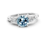 White gold Three-Stone Round Cut Aquamarine Ring with Pear  Side Stones in Four-Prong Setting_48