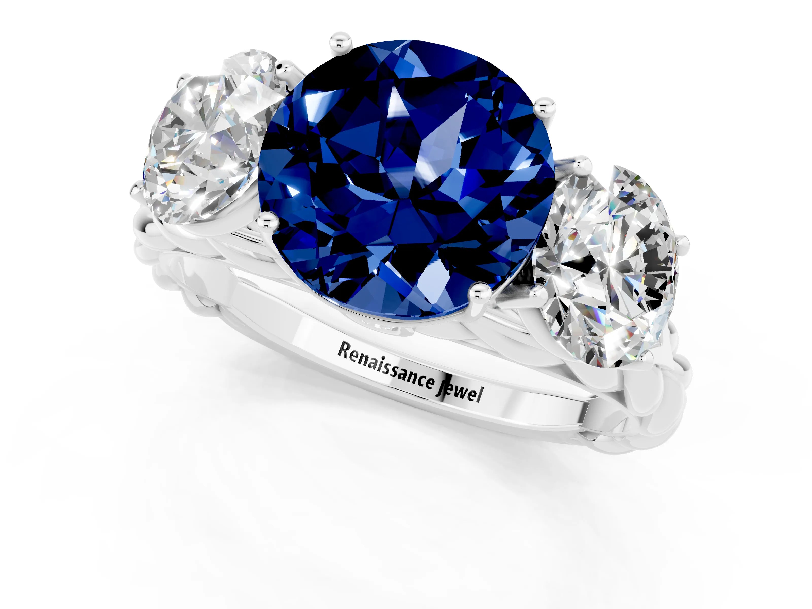 White gold Three-Stone Round Cut Blue Sapphire Braided Band Ring with Four-Prong Setting_13