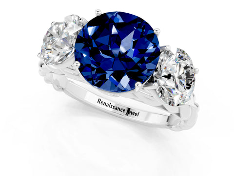 White gold Three-Stone Round Cut Blue Sapphire Braided Band Ring with Four-Prong Setting_13