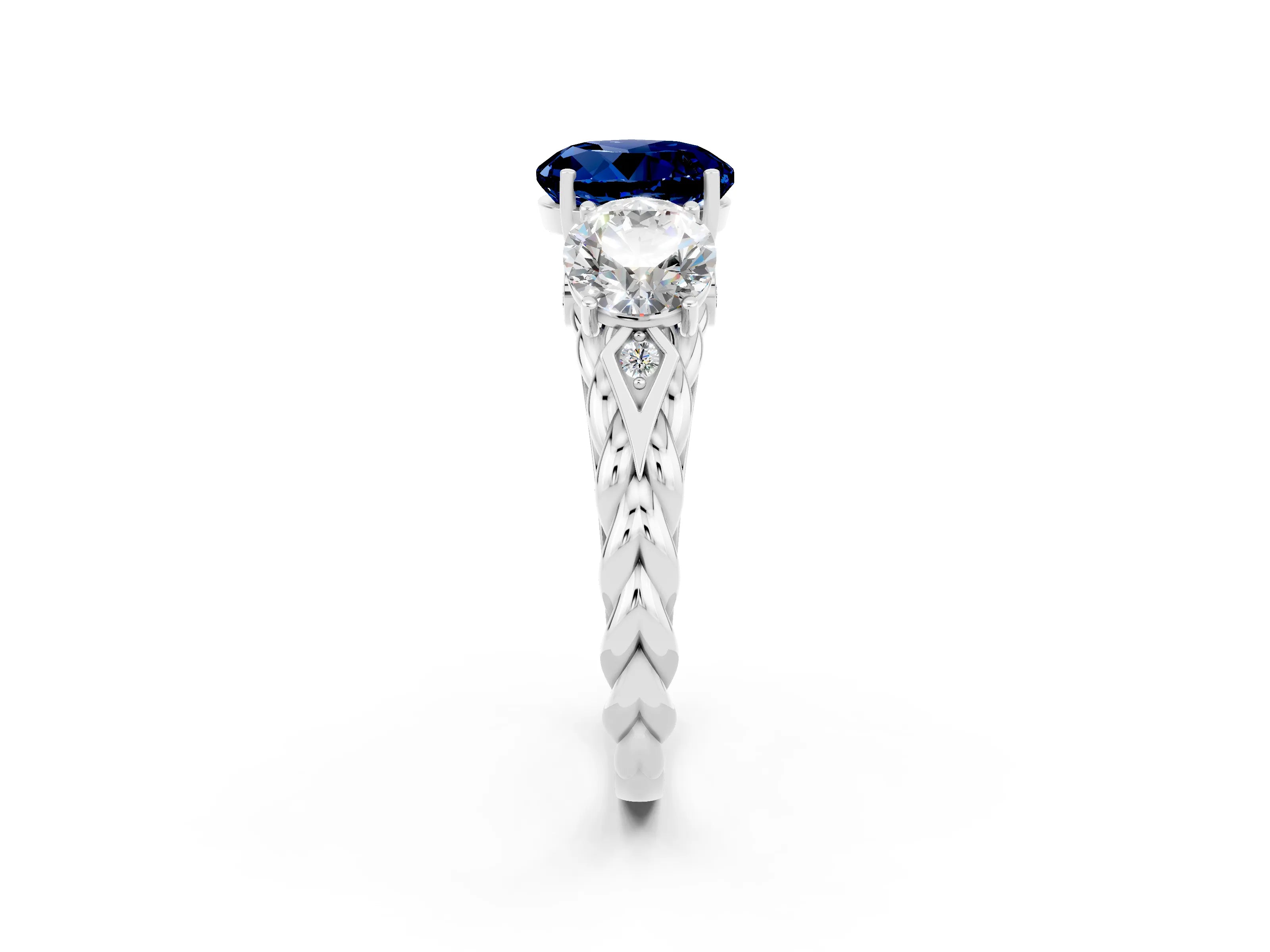 White gold Three-Stone Round Cut Blue Sapphire Braided Band Ring with Four-Prong Setting_14
