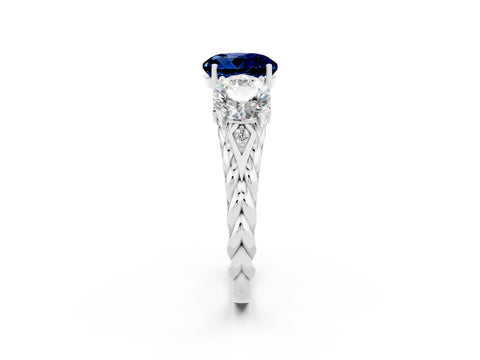 White gold Three-Stone Round Cut Blue Sapphire Braided Band Ring with Four-Prong Setting_14