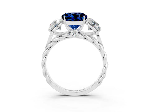 White gold Three-Stone Round Cut Blue Sapphire Braided Band Ring with Four-Prong Setting_15