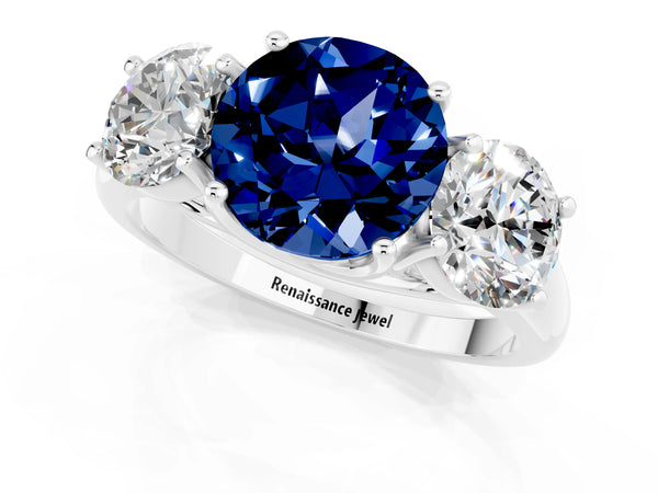 Platinum Three-Stone Round Cut Blue Sapphire Engagement Ring with Prong Setting