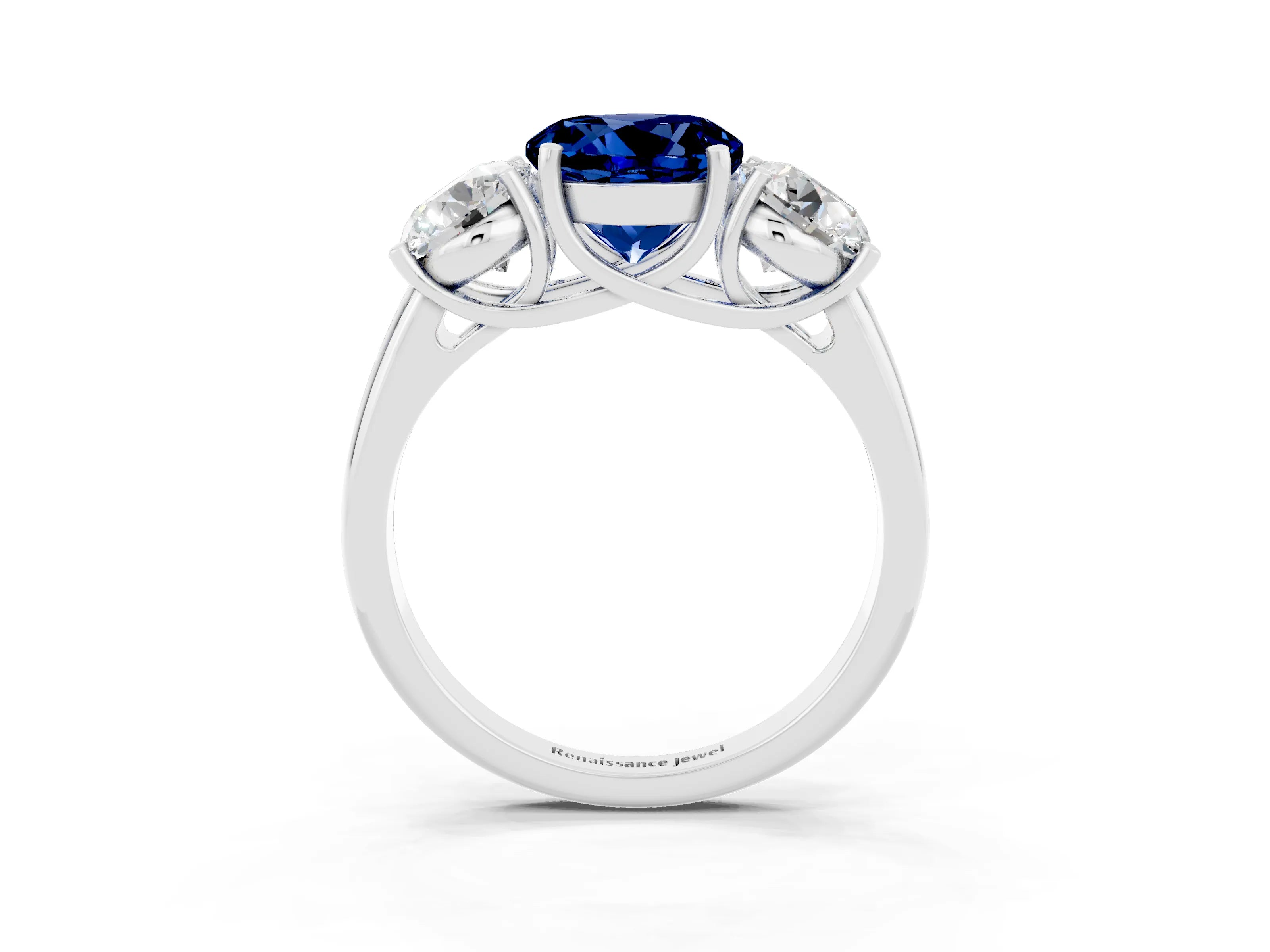 White gold Three-Stone Round Cut Blue Sapphire Engagement Ring with Prong Setting_3